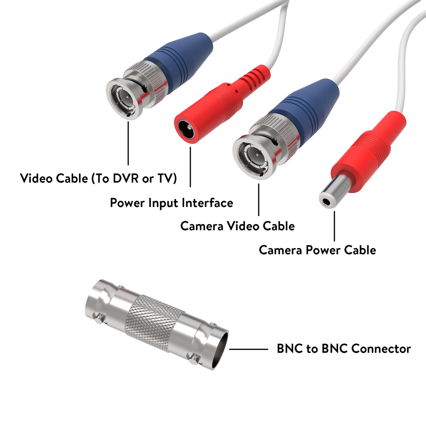 . BNC Video Power Wire Cord,100Ft,White, Wire for Security Camera, CCTV, DVR, Plug & Play