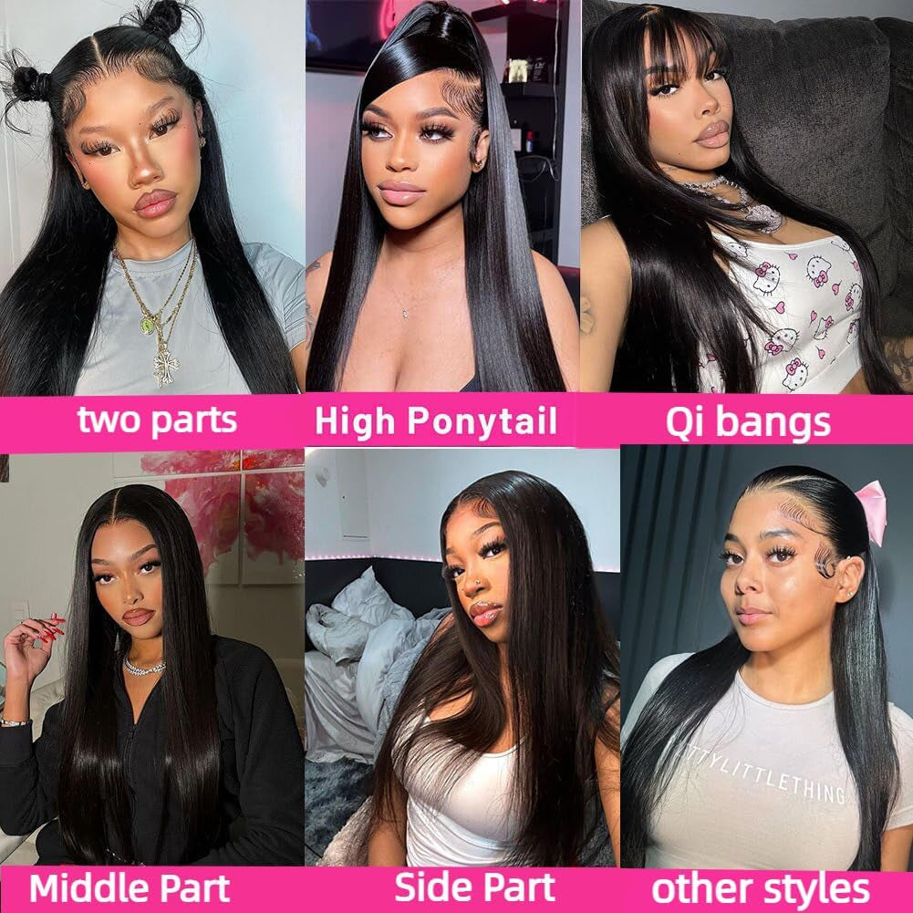 34 Inch Lace Front Wig Human Hair 200 Density 13X4 HD Pre Plucked Glueless for Women Straight Natural Color