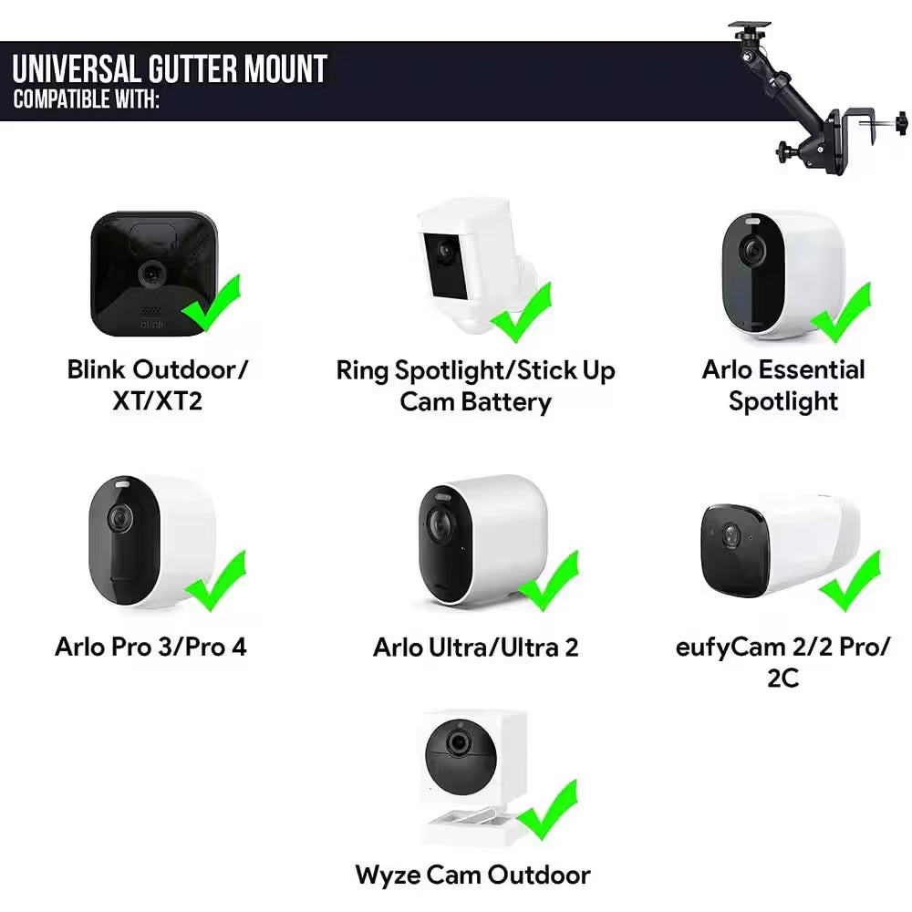 Universal Gutter Mount for Wyze, Blink, Ring, Arlo, Eufy Camera (Black) - Mount Your Security Cam and Solar Panel
