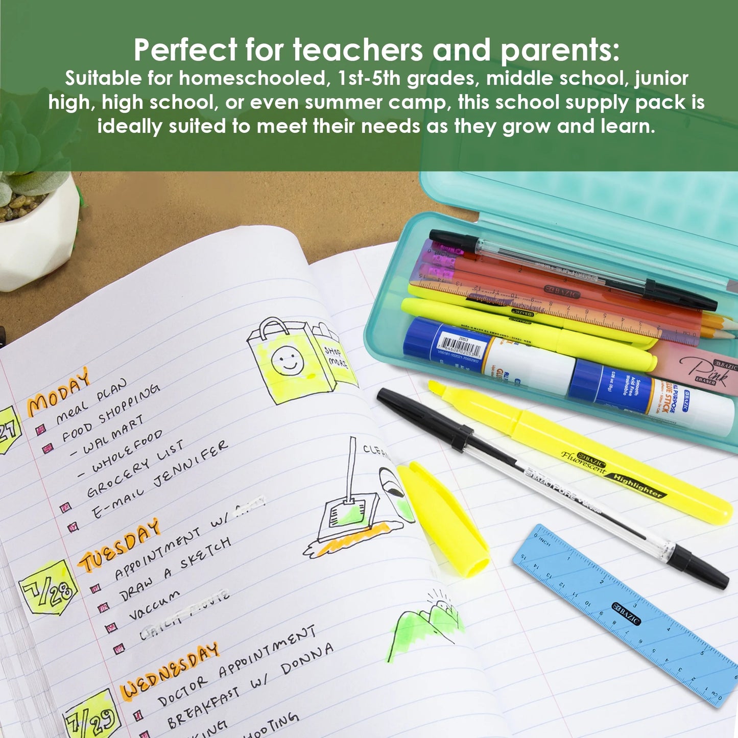 BAZIC Back to School Kit 22 Piece Count, School Supplies for Student K-12, Spec or COLOR MAY VARY, 1-Pack