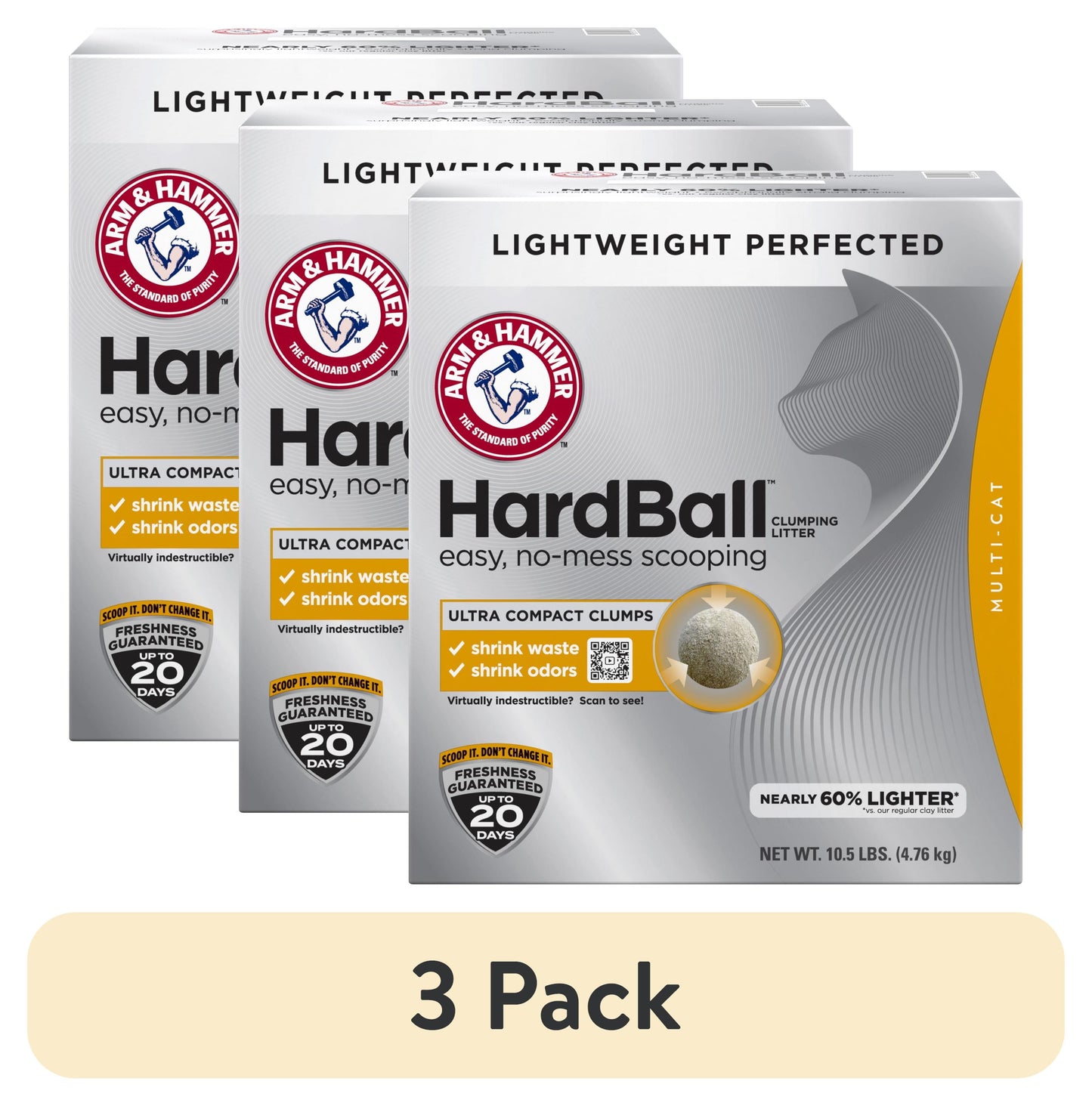 (3 Pack) Hardball Lightweight Cat Litter, Multi-Cat No-Mess Scoopable Clumping Litter, 10.5 Lb
