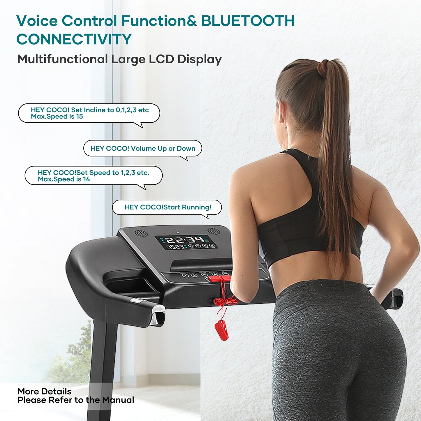 Treadmill with Auto Incline Bluetooth Voice Control 17" Wide Electric Treadmill Folding Machine 15 Level Auto 8.8 Mhp Speed for Home Use Gifts