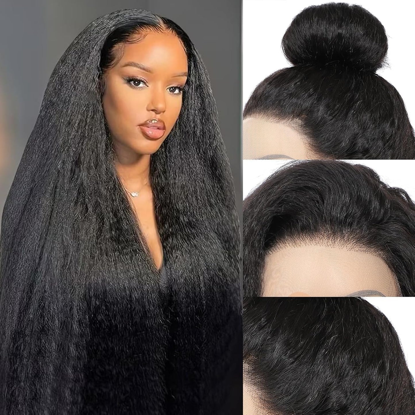 360 Lace Front Wigs Human Hair Kinky Straight Human Hair Wig 200 Density Kinky Straight Wig (Natural, 18 Inch)