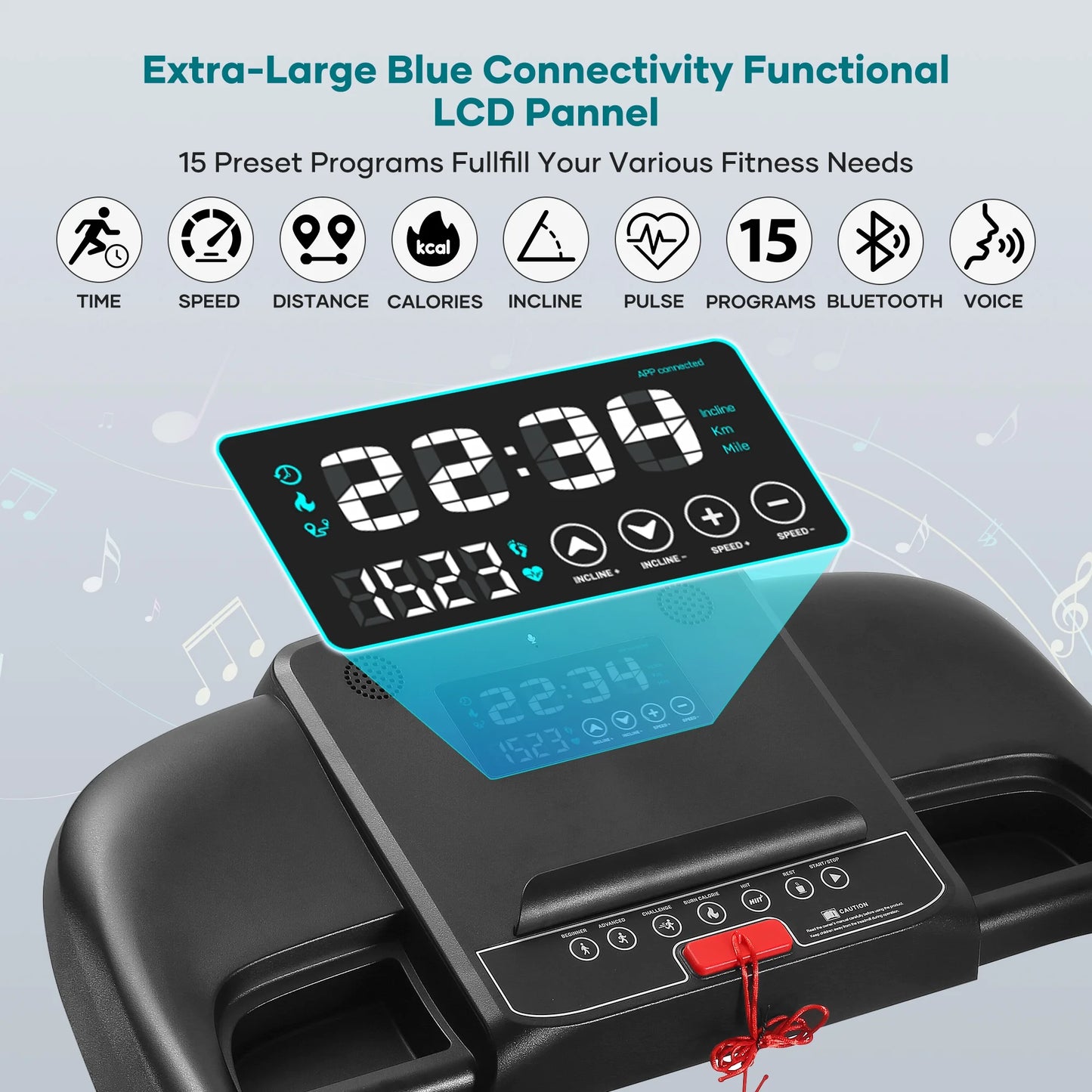 Treadmill with Auto Incline Bluetooth Voice Control 17" Wide Electric Treadmill Folding Machine 15 Level Auto 8.8 Mhp Speed for Home Use Gifts
