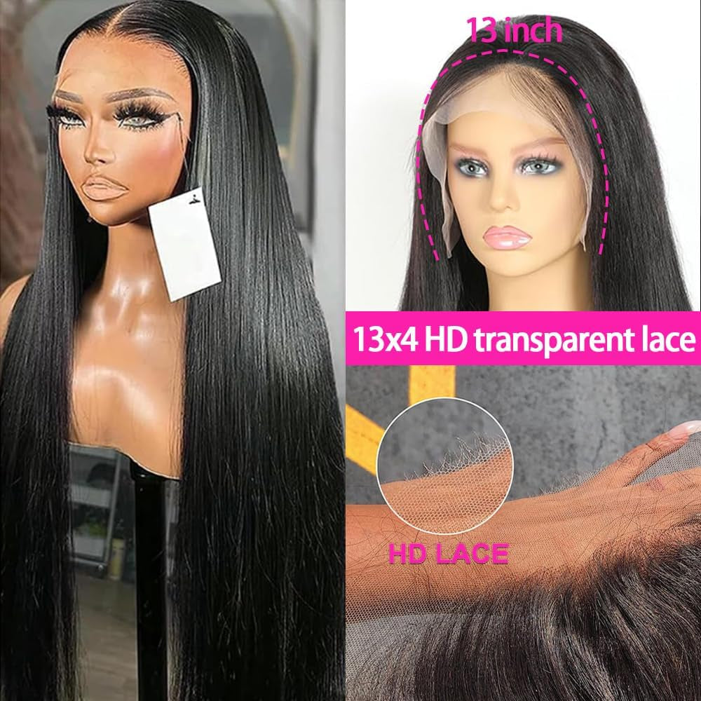 34 Inch Lace Front Wig Human Hair 200 Density 13X4 HD Pre Plucked Glueless for Women Straight Natural Color