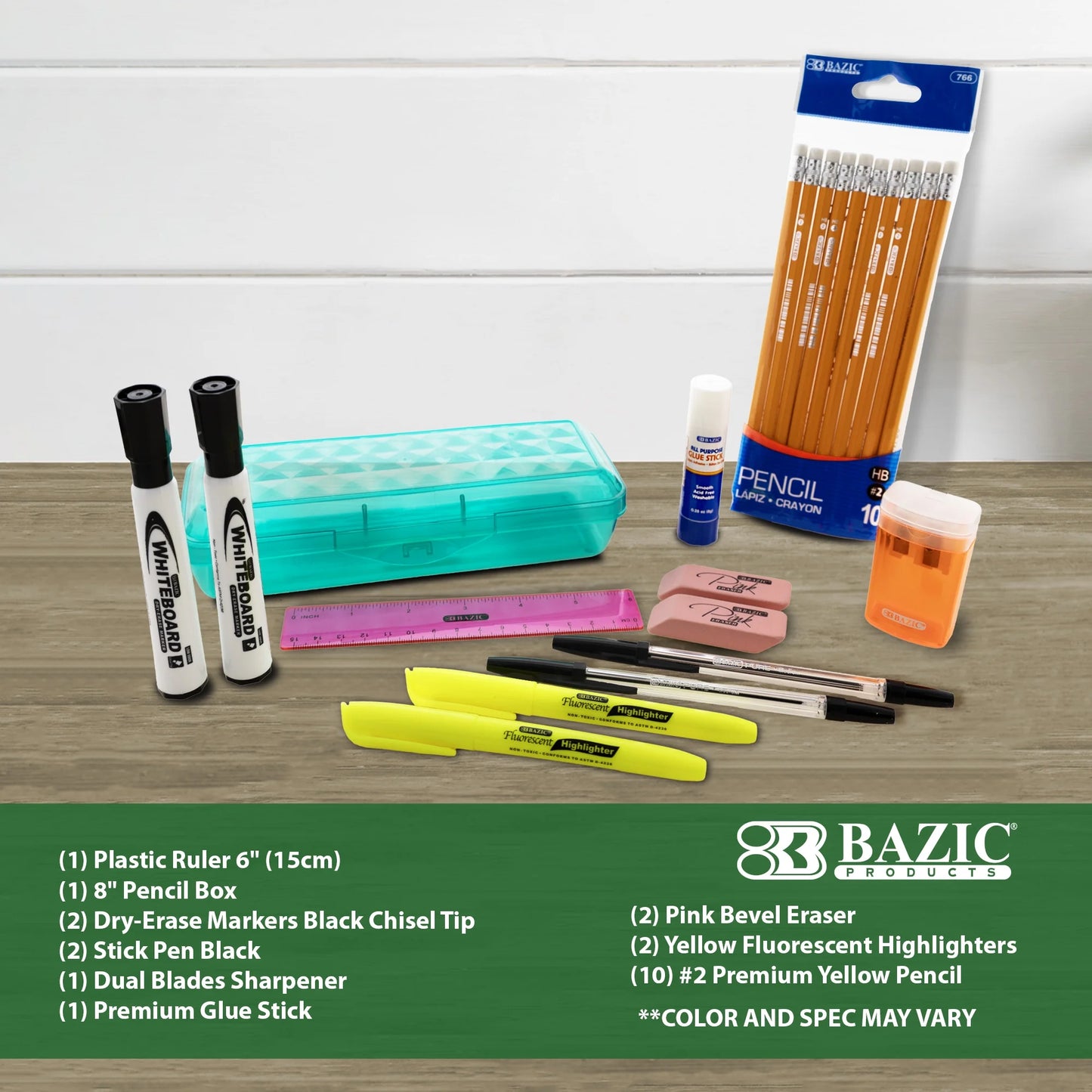 BAZIC Back to School Kit 22 Piece Count, School Supplies for Student K-12, Spec or COLOR MAY VARY, 1-Pack