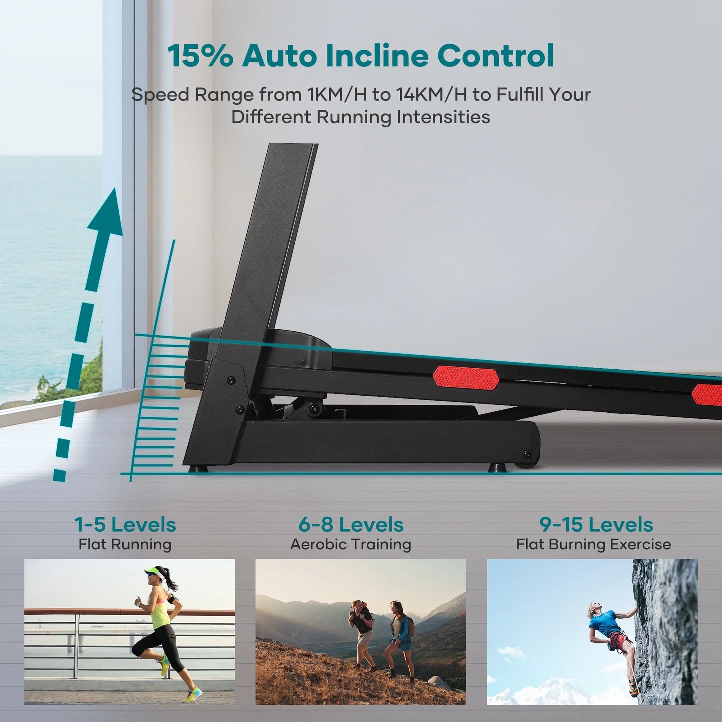 Treadmill with Auto Incline Bluetooth Voice Control 17" Wide Electric Treadmill Folding Machine 15 Level Auto 8.8 Mhp Speed for Home Use Gifts
