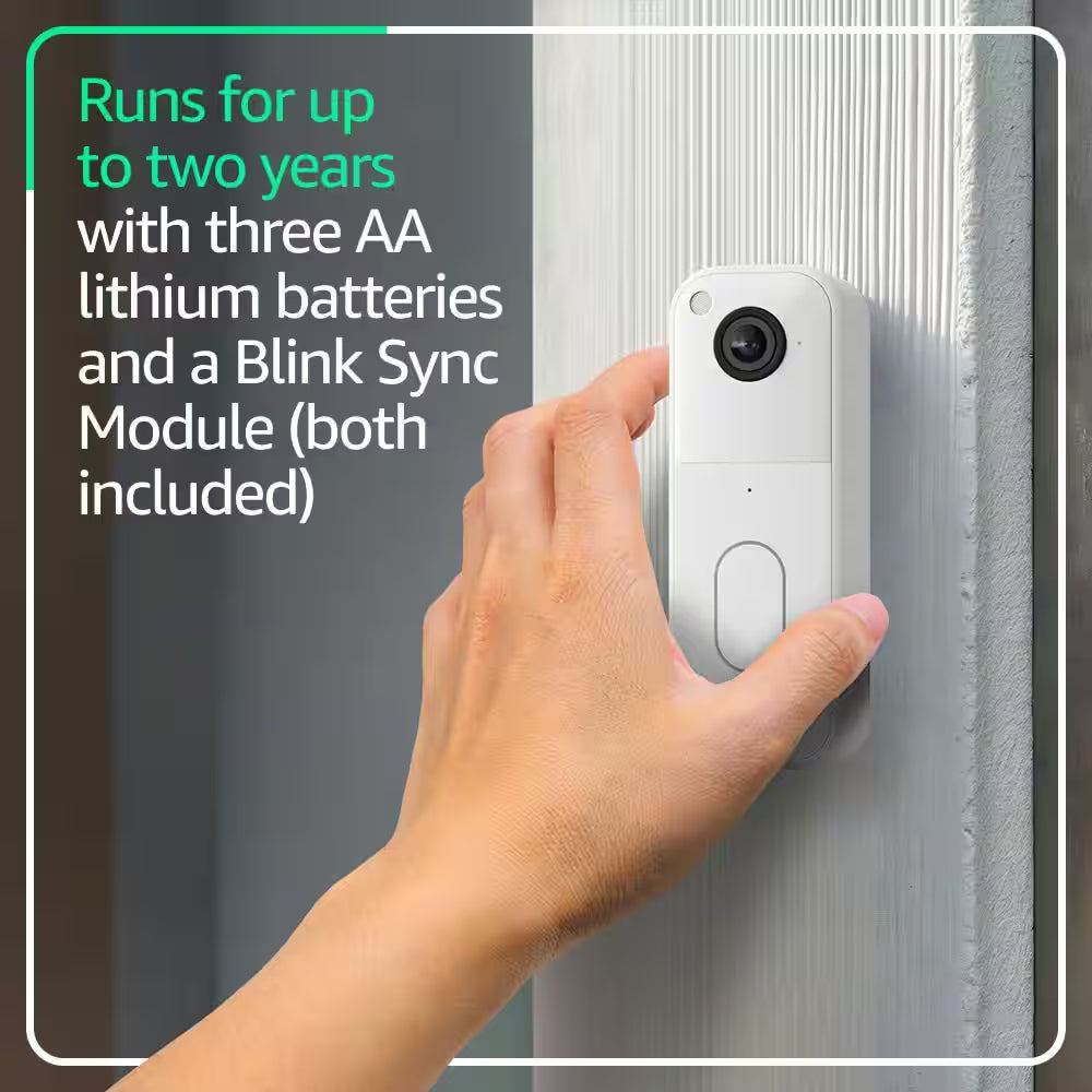 Video Doorbell System - Wireless - Battery Operated Smart Video Doorbell Camera and Included Sync Module Core,White