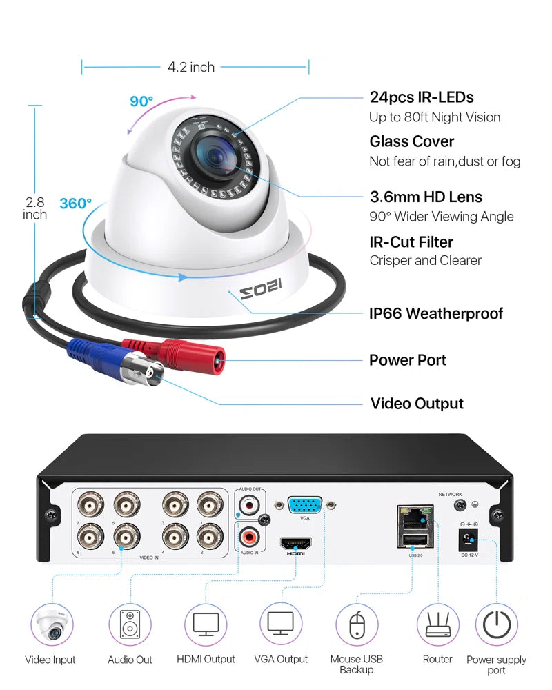 8CH DVR Security Camera System, 4Pcs 1080P Dome Outdoor Security Cameras, Motion Detection