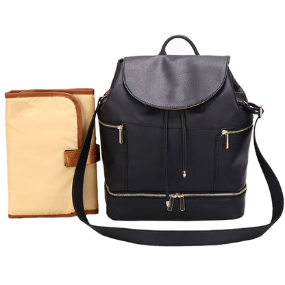 LEQUEEN Large PU Leather Baby Diaper Bag with Nappy Changing Pad Mummy Backpack Back to School Schoolbag,Black