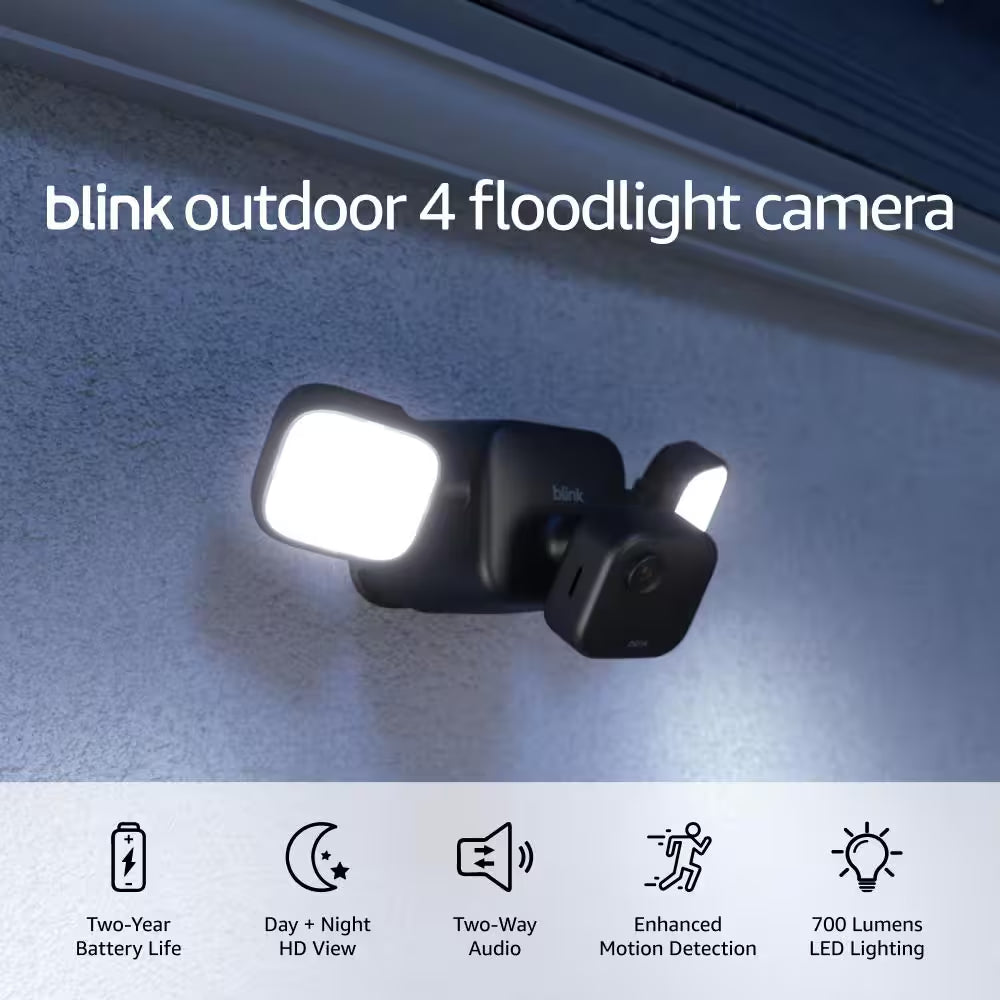 Outdoor Wireless 4-Smart Battery Operated 1080P Security Camera with Floodlight - Black