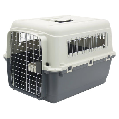 Plastic Kennel for Dogs & Cats, Wire Door, IATA Airline Approved, Travel Crate, with Wheels, Gray, Medium, 27" L X 20" W X 19" H