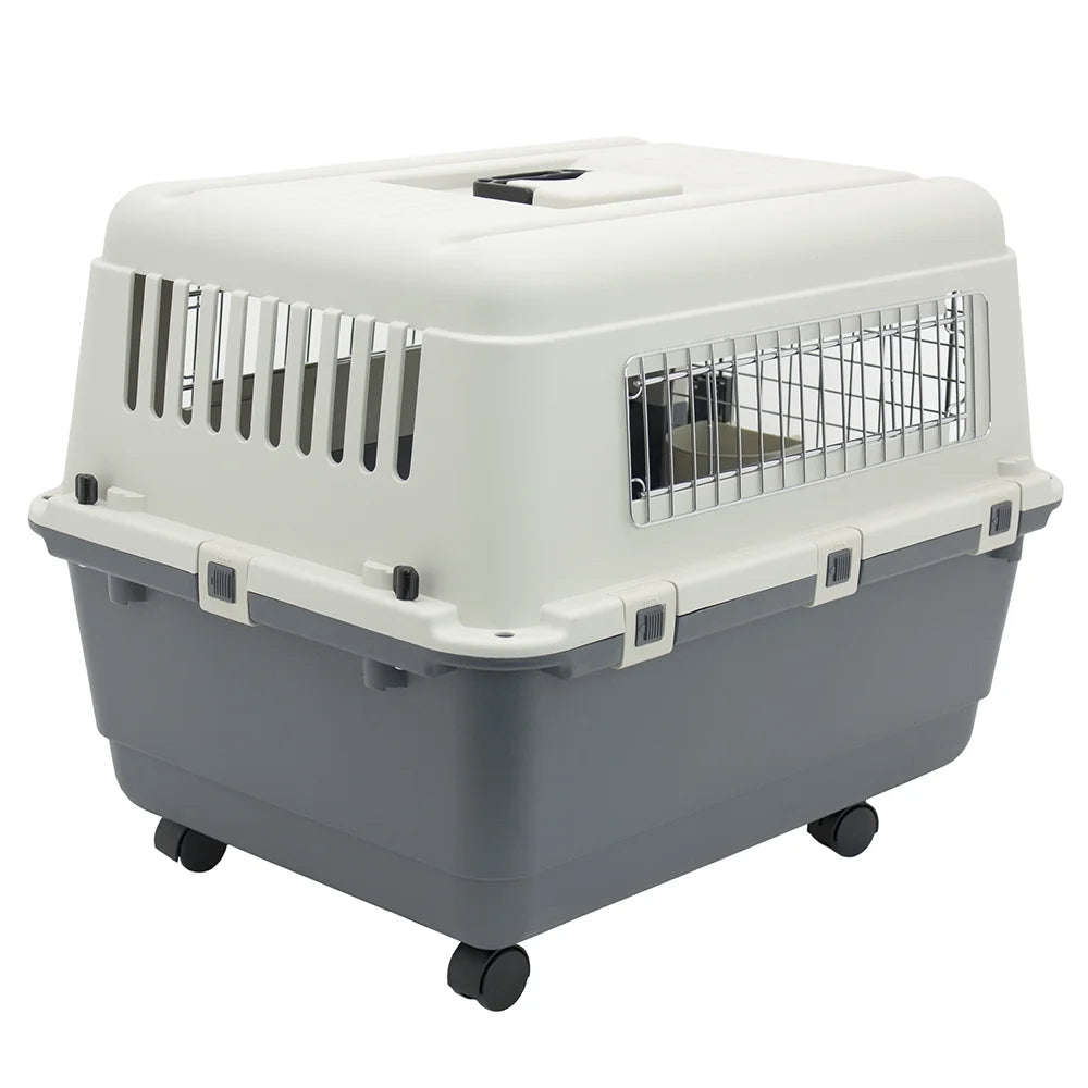 Plastic Kennel for Dogs & Cats, Wire Door, IATA Airline Approved, Travel Crate, with Wheels, Gray, Medium, 27" L X 20" W X 19" H