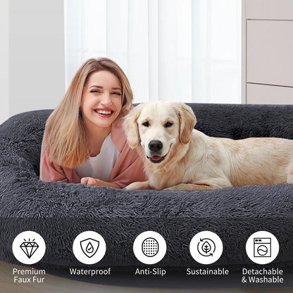 Human Dog Bed, 75''X45''X14'' Large Size Fits for Adults, Washable Cover Dog Bed, Present Plump with Pillow and Blanket, Dark Gray