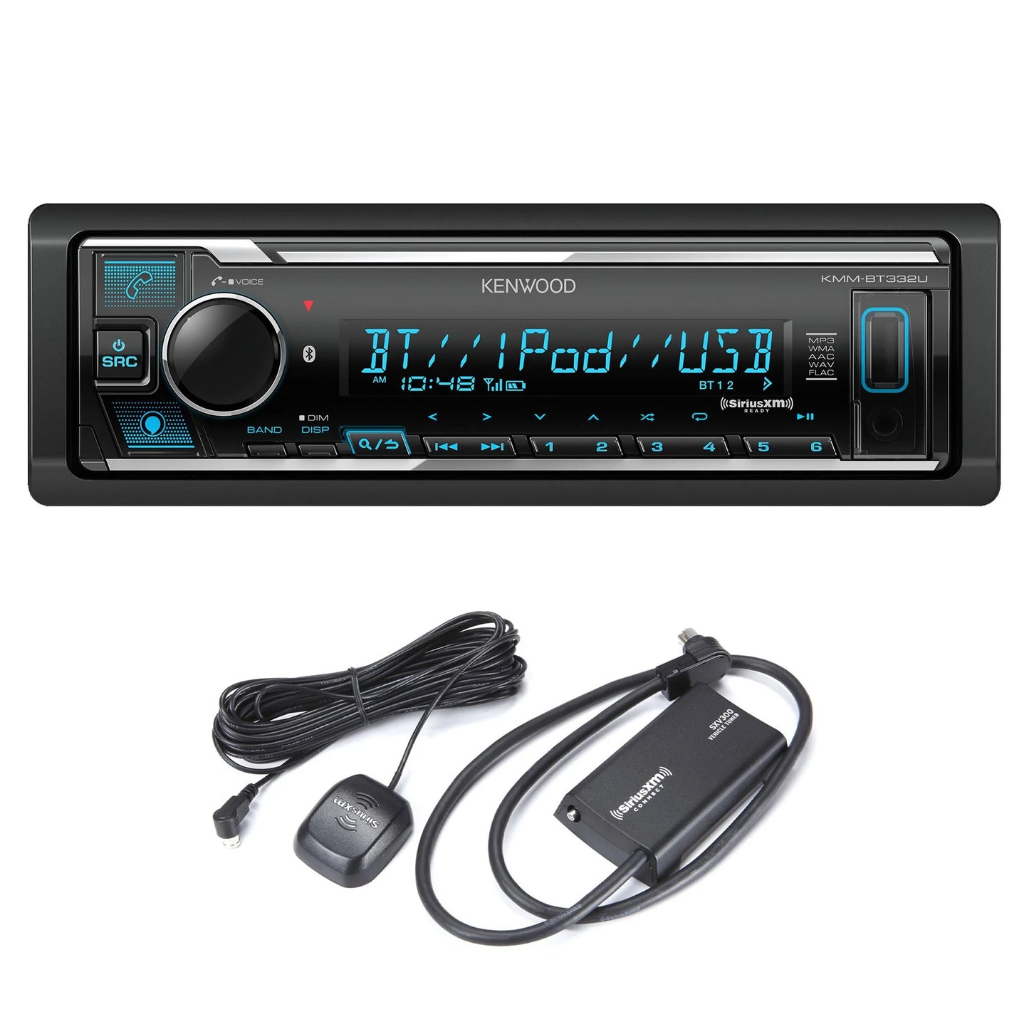 KMM-BT332U Bluetooth USB Media Receiver with Alexa, Single DIN, Sirius XM Tuner Kit