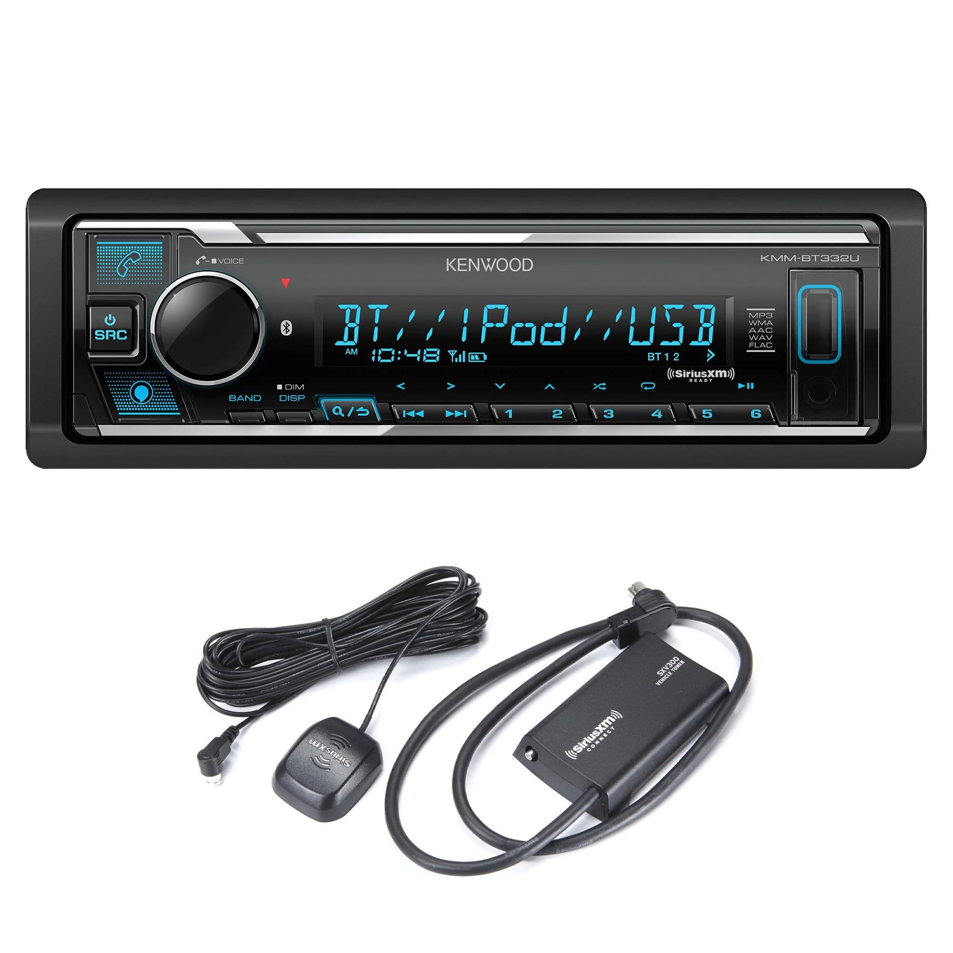 KMM-BT332U Bluetooth USB Media Receiver with Alexa, Single DIN, Sirius XM Tuner Kit