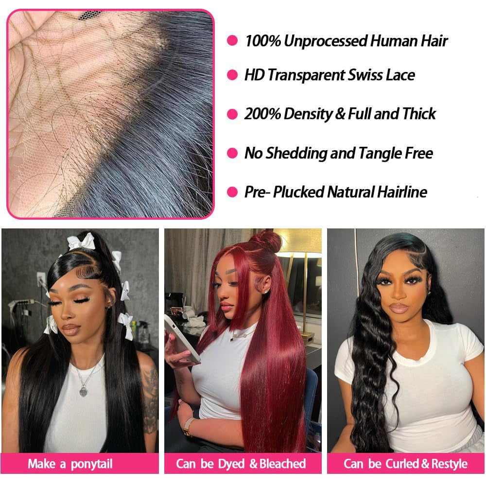 34 Inch Lace Front Wig Human Hair 200 Density 13X4 HD Pre Plucked Glueless for Women Straight Natural Color