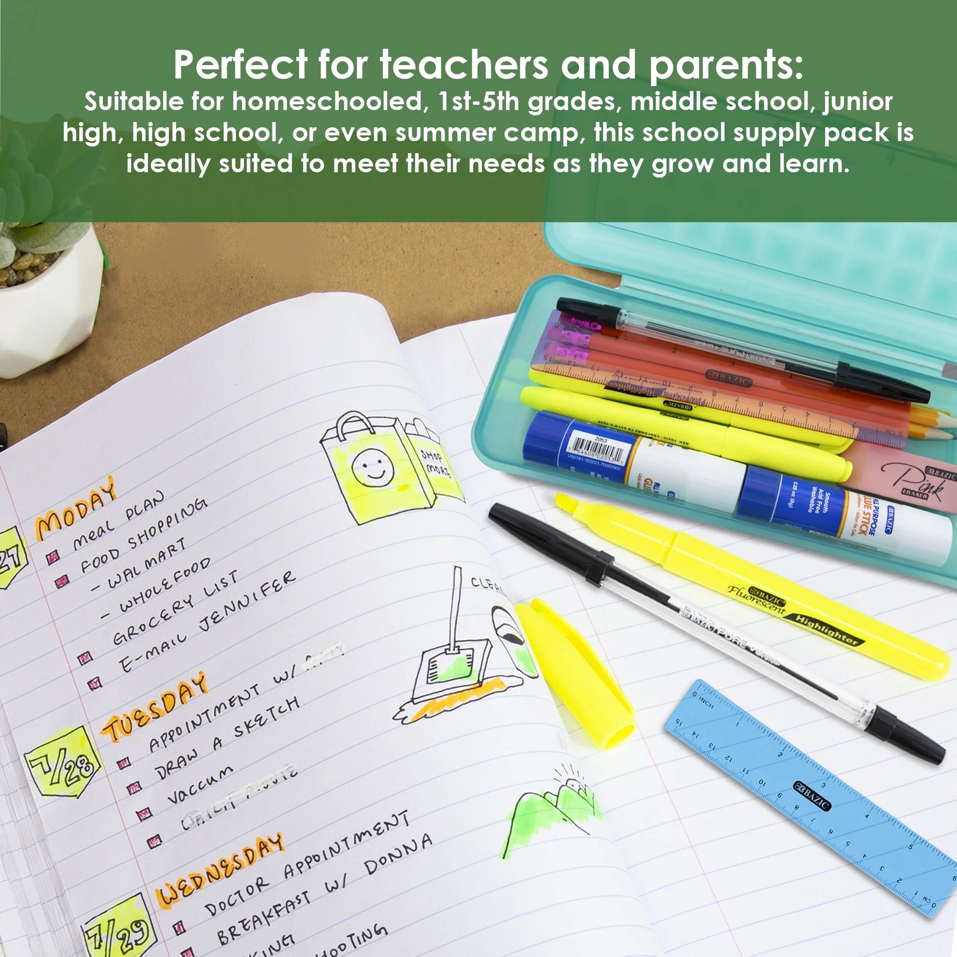 BAZIC Back to School Kit 22 Piece Count, School Supplies for Student K-12, Spec or COLOR MAY VARY, 1-Pack