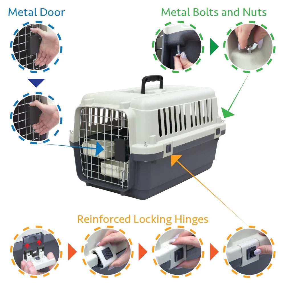 Plastic Kennel for Dogs & Cats, Wire Door, IATA Airline Approved, Travel Crate, with Wheels, Gray, Medium, 27" L X 20" W X 19" H