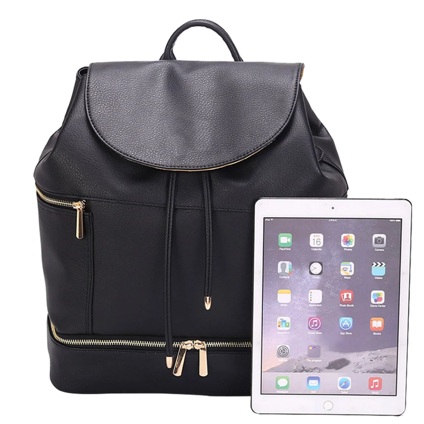 LEQUEEN Large PU Leather Baby Diaper Bag with Nappy Changing Pad Mummy Backpack Back to School Schoolbag,Black