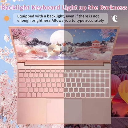 15.6" Business Laptop Office 2024 Windows 11 Pro 16GB RAM 512GB SSD Intel Celeron N5095 Backlit Keyboard Work Laptop Back to School Essentials for Students Rose Gold