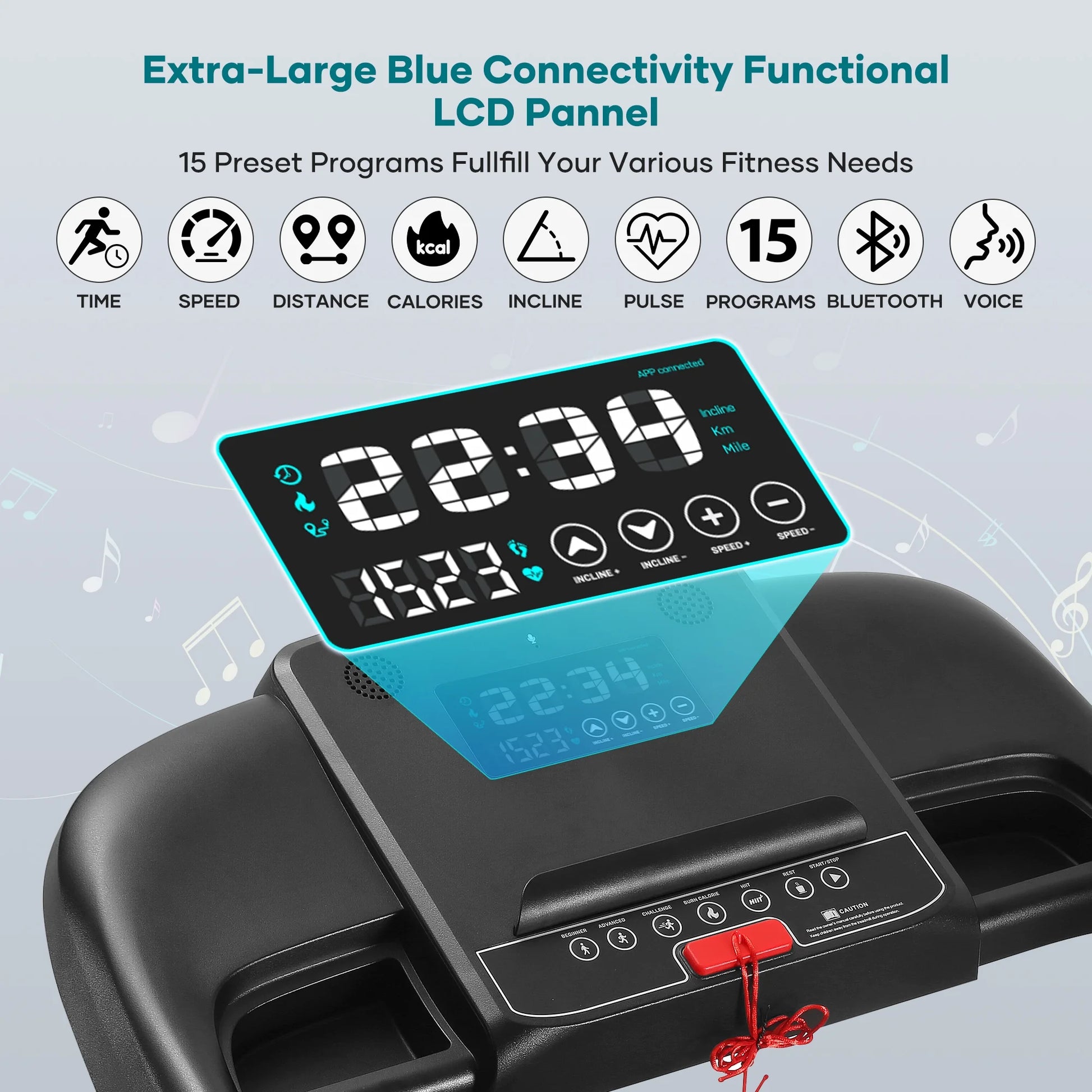 Treadmill with Auto Incline Bluetooth Voice Control 17" Wide Electric Treadmill Folding Machine 15 Level Auto 8.8 Mhp Speed for Home Use Gifts