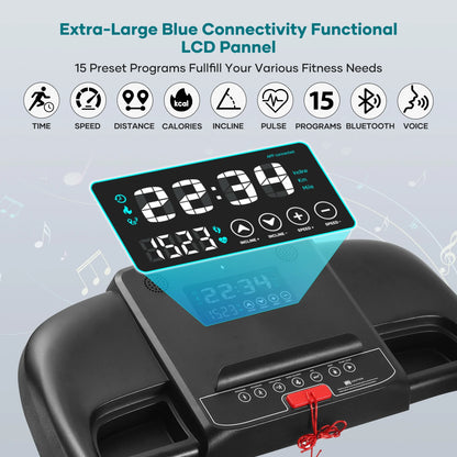 Treadmill with Auto Incline Bluetooth Voice Control 17" Wide Electric Treadmill Folding Machine 15 Level Auto 8.8 Mhp Speed for Home Use Gifts