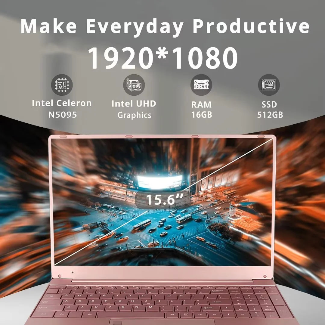 15.6" Business Laptop Office 2024 Windows 11 Pro 16GB RAM 512GB SSD Intel Celeron N5095 Backlit Keyboard Work Laptop Back to School Essentials for Students Rose Gold