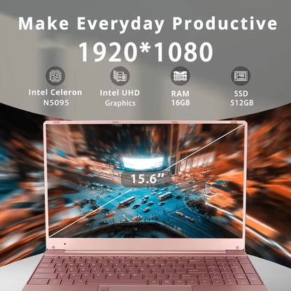 15.6" Business Laptop Office 2024 Windows 11 Pro 16GB RAM 512GB SSD Intel Celeron N5095 Backlit Keyboard Work Laptop Back to School Essentials for Students Rose Gold