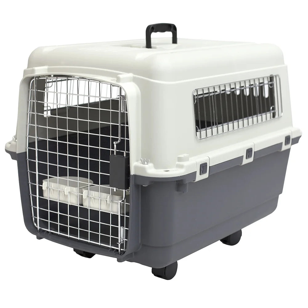 Plastic Kennel for Dogs & Cats, Wire Door, IATA Airline Approved, Travel Crate, with Wheels, Gray, Medium, 27" L X 20" W X 19" H