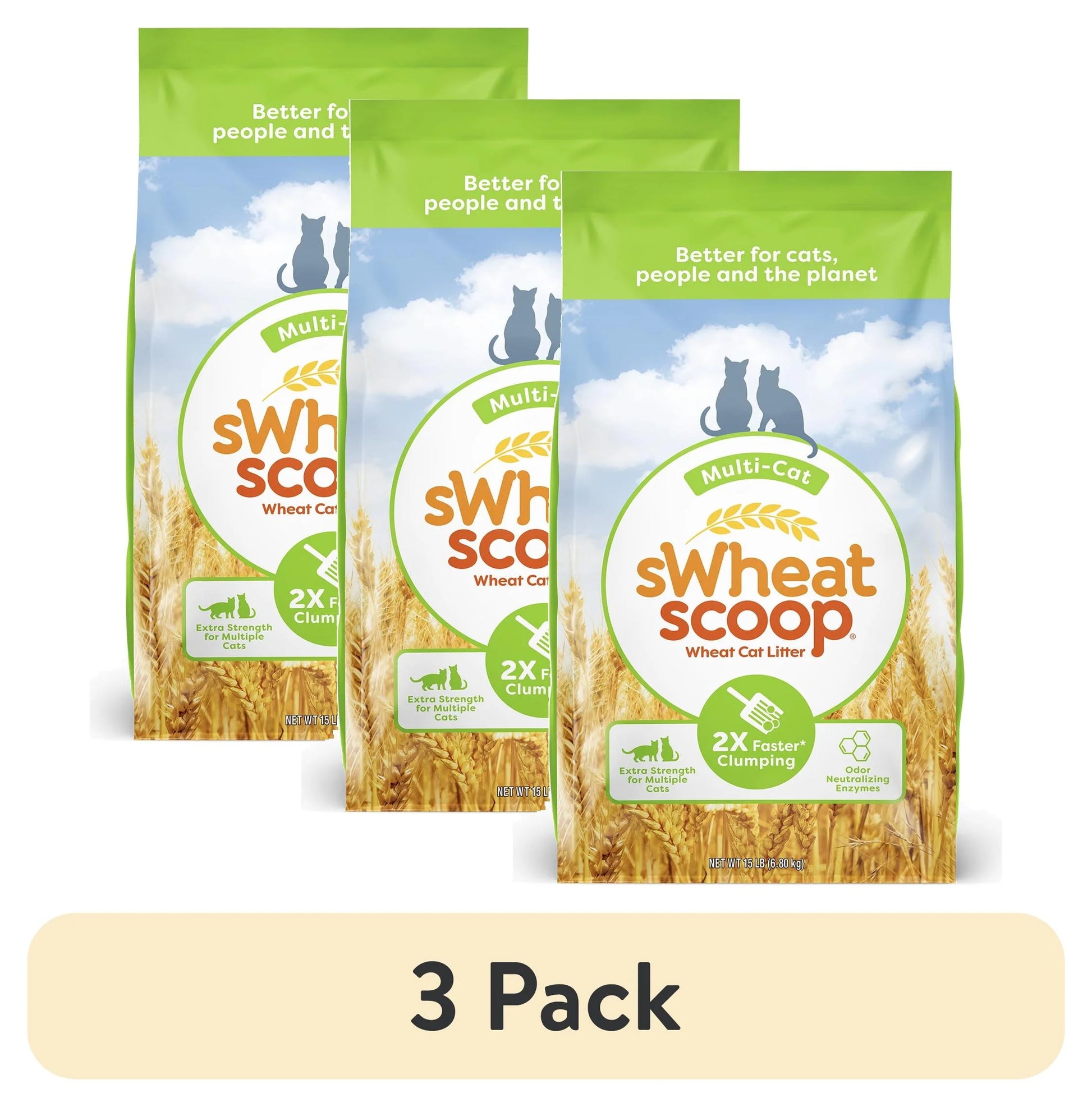 (3 Pack)  Multi-Cat Natural Clumping Wheat Cat Litter, 15Lb