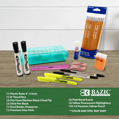 BAZIC Back to School Kit 22 Piece Count, School Supplies for Student K-12, Spec or COLOR MAY VARY, 1-Pack