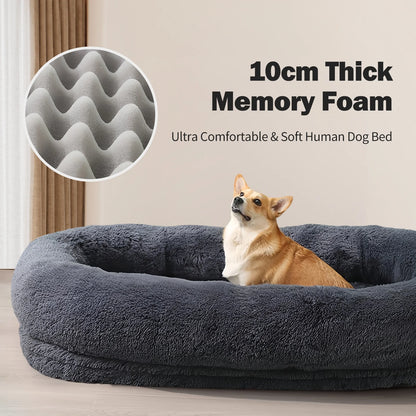 Human Dog Bed, 75''X45''X14'' Large Size Fits for Adults, Washable Cover Dog Bed, Present Plump with Pillow and Blanket, Dark Gray