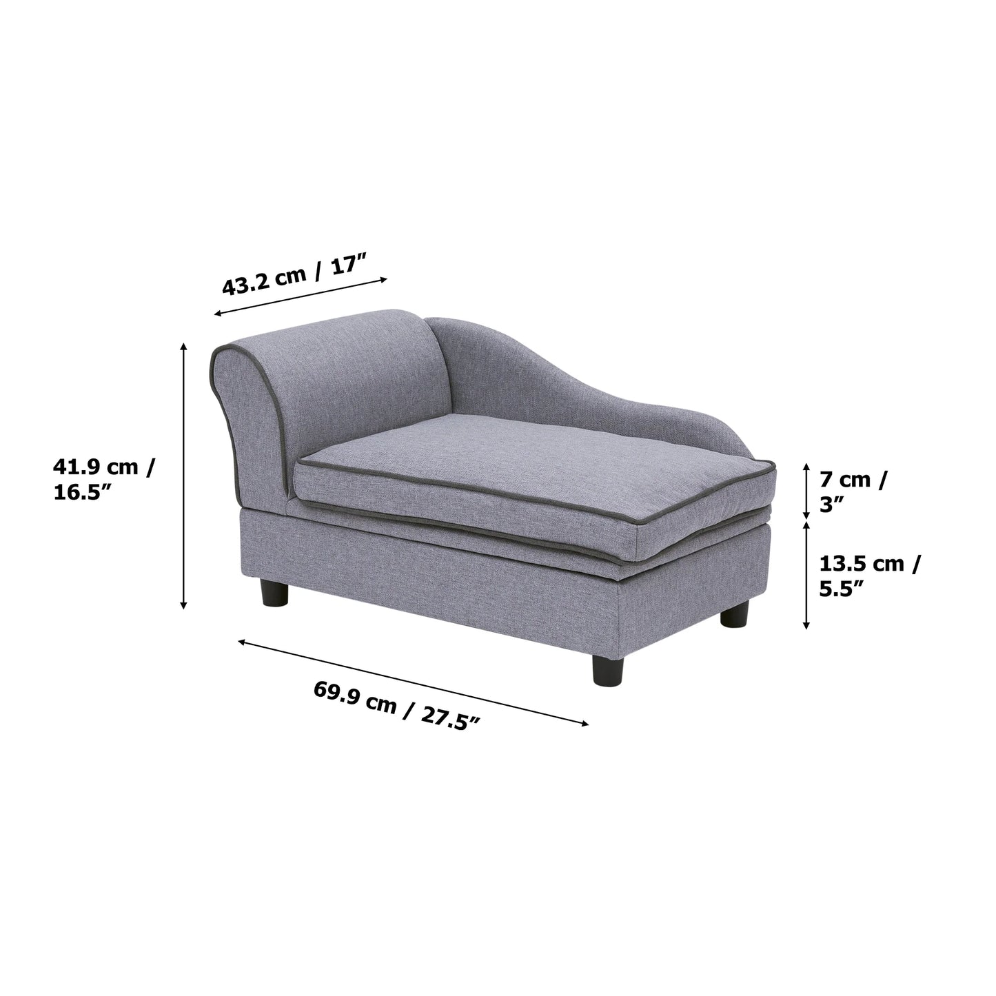 Ivan Chaise Lounge Dog Bed with Storage for Pets up to 66 Lbs, Gray