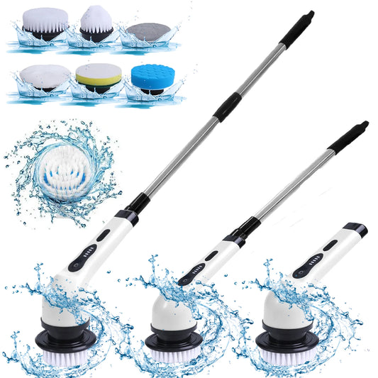 Electric Spin Scrubber, Cordless Bath Tub Power Scrubber with Long Handle & 6 Replaceable Heads, Detachable as Short Handle, Shower Cleaning Brush Household Tools for Bathroom & Tile Floor