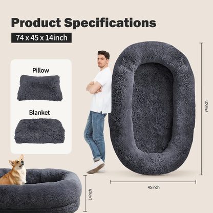 Human Dog Bed, 75''X45''X14'' Large Size Fits for Adults, Washable Cover Dog Bed, Present Plump with Pillow and Blanket, Dark Gray