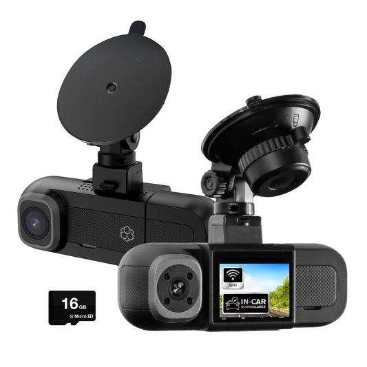 Roadcam Dual Two-Way Recording Dash Cam with 1080P Front and Interior Cabin View, Smart G-Sensor, Wi-Fi App Compatible, 16GB SD Card Included. BT532698