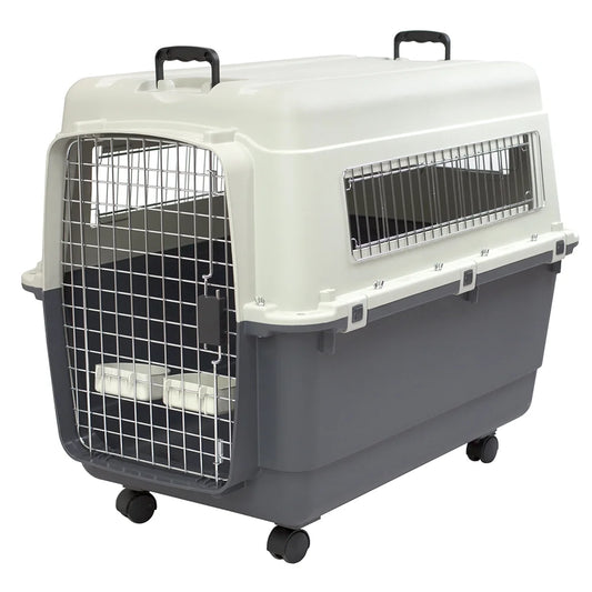 Plastic Kennel for Dogs, Wire Door, IATA Airline Approved, Travel Crate, with Wheels, Gray, Extra Large, 32" L X 22" W X 23" H