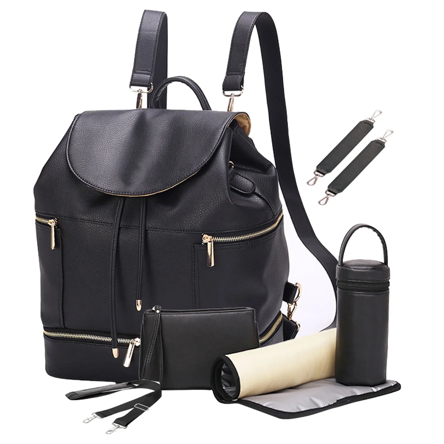 LEQUEEN Large PU Leather Baby Diaper Bag with Nappy Changing Pad Mummy Backpack Back to School Schoolbag,Black