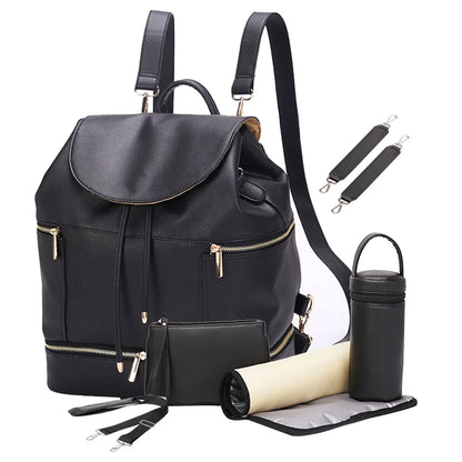 LEQUEEN Large PU Leather Baby Diaper Bag with Nappy Changing Pad Mummy Backpack Back to School Schoolbag,Black