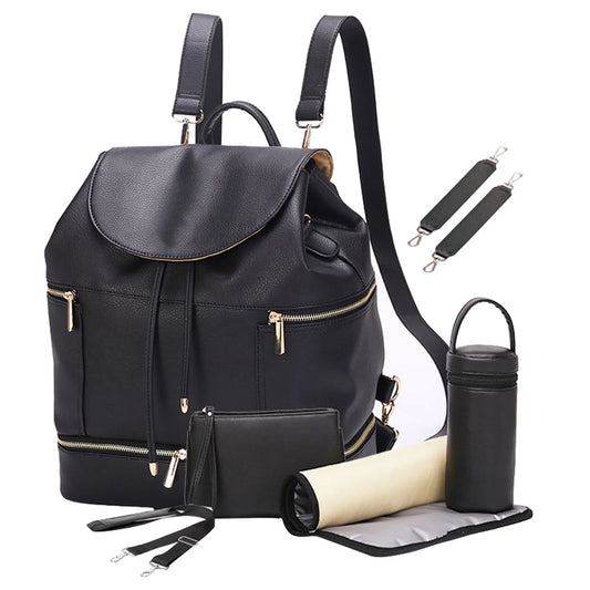 LEQUEEN Large PU Leather Baby Diaper Bag with Nappy Changing Pad Mummy Backpack Back to School Schoolbag,Black